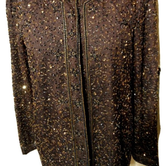 Vintage STENAY 100% Silk ALL Beaded Formal Jacket S Brown Hook front Overcoat LS - Picture 6 of 13